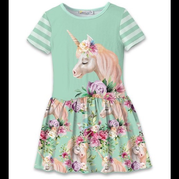 🦄 Turquoise Green Floral Unicorn Drop Waist Dress